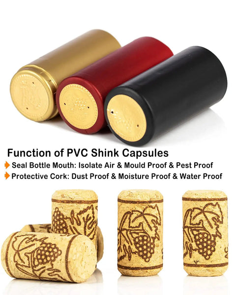 Wine Bottle Corks And Seals Kit with 200 pcs corks and 100 pcs PVC caps, featuring natural size 8 corks, red, black, gold caps.