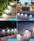 Outdoor Solar Motion Sensor Lights 138 LED 10 Pack Waterproof Wall Lights illuminating stairs, deck, fence, and steps in garden.