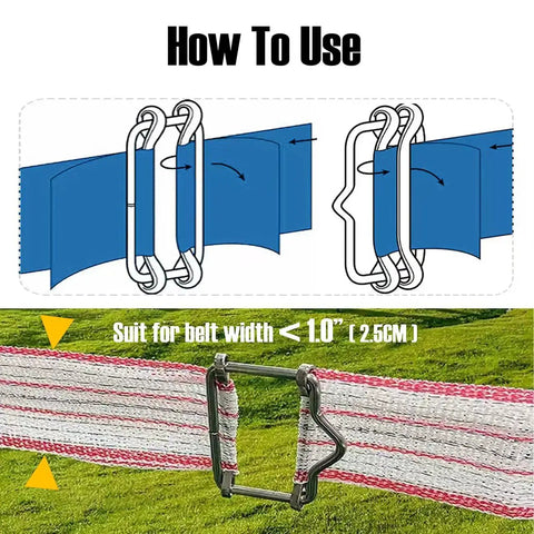 End Splicer Kit For Electric Fence Polytape, 10 Pack Quick Connect Fittings with diagram showing installation on 3/4-1 inch tape