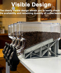Commercial 4 Pack Coffee Dispenser Straight Up Heavy Duty Countertop Storage Jars For Beans Grains Snacks And Candy Airtight Clear Bulk Food Canisters showcasing visible design and black spouts.
