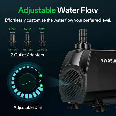 VIVOSUN submersible water pump, black, 1050 GPH, with 3 nozzle adapters