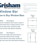 Instructions on buying window bars with diagrams for width and height, highlighting installation and measurement tips.