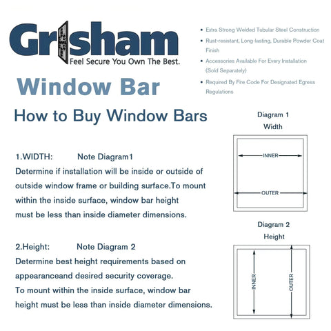 Instructions on buying window bars with diagrams for width and height, highlighting installation and measurement tips.