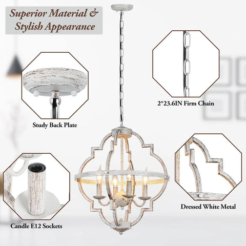 4 Light Farmhouse Candle Chandelier With Dope Open Orb Frame In Rustic White Finish showing chain, sockets, and metal detail.