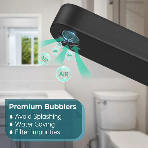 Matte Black 8 Inch Widespread Bathroom Faucet For 3 Hole Sink With Pop Up Drain And Water Supply Lines No Fuss Quick Install In About 20 Minutes Easy DIY Setup 1.2 Gpm Durable Finish showing premium bubblers for water saving
