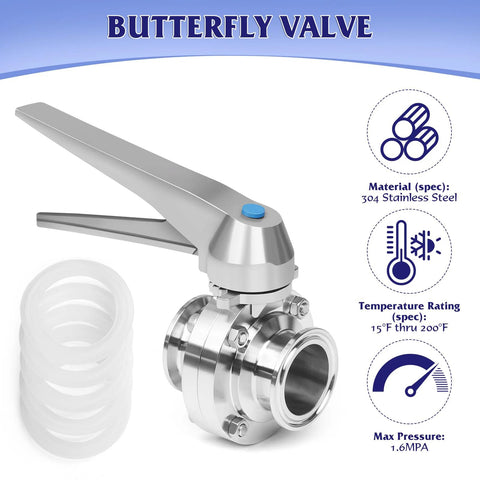 Two-piece 2-inch sanitary butterfly valve in 304 stainless steel with trigger handle and tri-clamp fittings