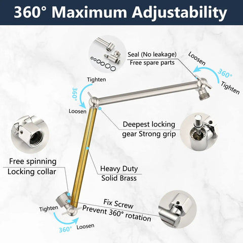 360-degree adjustable 16 Inch Solid Brass Shower Arm Extension For Rain And Handheld Shower Heads With Brushed Nickel finish