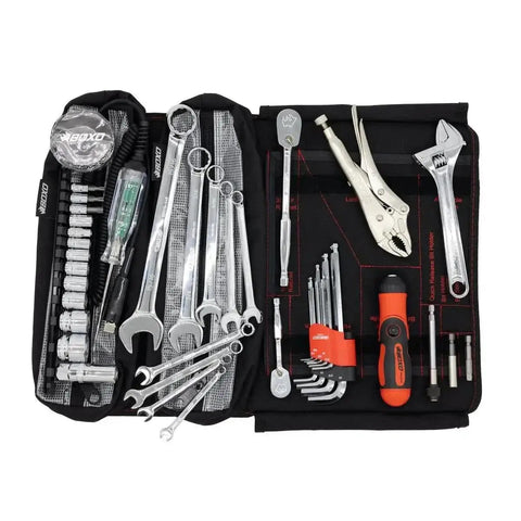 Ride Ready 48 Piece Motorcycle Tool Kit In A Compact Roll Up For Harley Davidson Indian And Other V Twin Bikes Open View