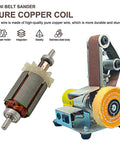 Built Like A Tank Mini Belt Sander And Polisher With Seven Adjustable Speeds Forward Reverse Control And Included Abrasive Strips showing pure copper coil and sanding mechanism.