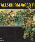 Box art of Bolt Action Fallschirmjager Platoon 28mm plastic miniatures with German WWII paratroopers in combat scenes for wargaming.