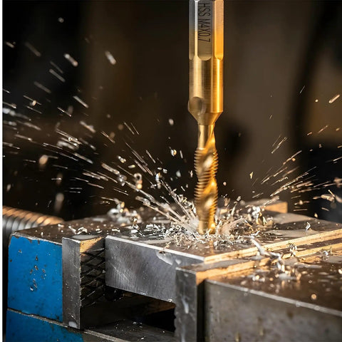 Six Piece Metric Drill And Tap Set M3 To M10 With Titanium Coated Carbon Steel Bits in use, drilling into metal