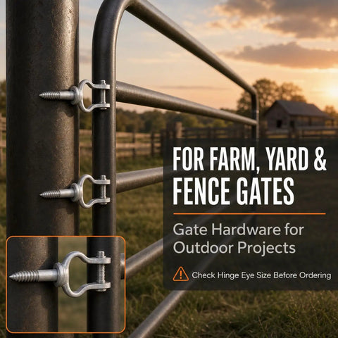 Four Piece Gate Hinge Kit With 1-5/8 Inch Heavy Duty Galvanized U Bolt Clamps For 5/8 Inch Hinge Eyes on farm gate at sunset