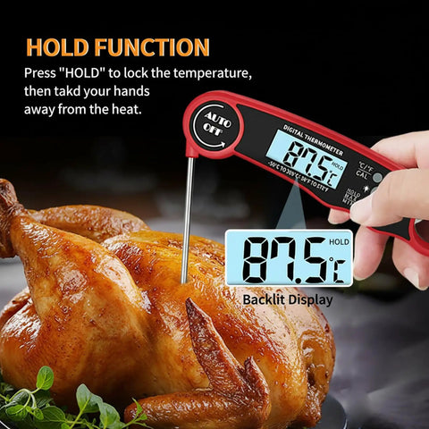 Digital thermometer in chicken showing 87.5°C with "Hold" function visible on display, highlighting use during cooking.