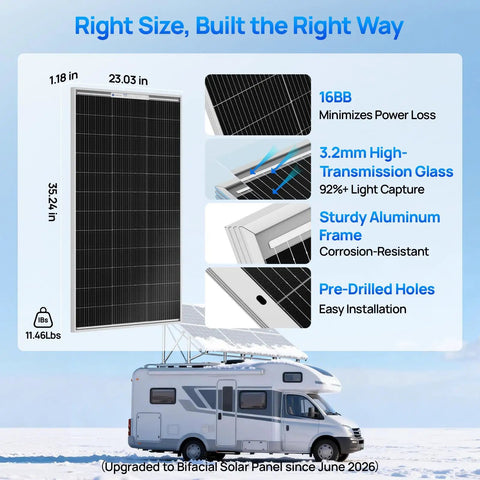 Top Shelf 100 Watt Solar Panel 18 Volt Monocrystalline Module with mounting details and dimensions for RV use.