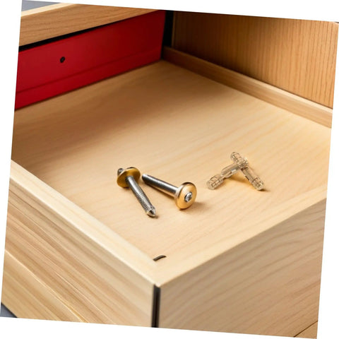 Brass Barrel Hidden Hinges For Jewelry Box And Keepsake Cabinet on a wooden drawer surface