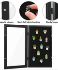 Compact Wall Mounted Pin Display Case Black 15 By 8.5 Inch Collector Showcase Rack Holds Enamel Badges Medals And Treasures So You Can Flex Your Favorite Collection Without Hiding Them Away with magnetic closure and black felt backing.