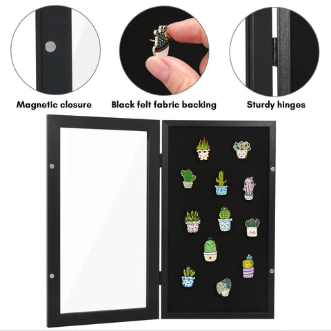 Compact Wall Mounted Pin Display Case Black 15 By 8.5 Inch Collector Showcase Rack Holds Enamel Badges Medals And Treasures So You Can Flex Your Favorite Collection Without Hiding Them Away with magnetic closure and black felt backing.
