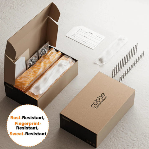 10 Pack Matte Black Cabinet Handles For Kitchen And Bathroom Renovations With 3 Inch Center To Center Hole Spacing packaging box.