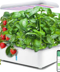 Indoor Hydroponics Garden System With LED Grow Light And 14 Pods, WiFi Herb Garden Kit, lush basil and strawberries, 5L tank.