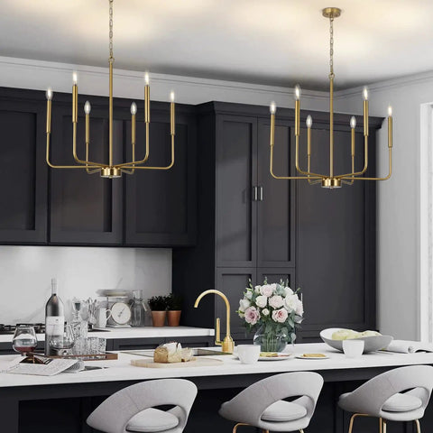 Farmhouse Style Gold Candle Chandelier With Brushed Brass Finish 6 Light Mid Century Branches Ceiling Fixture for kitchen