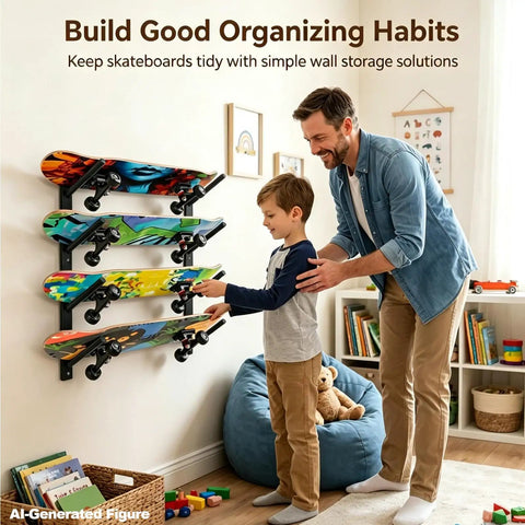 Man and child organizing skateboards on Four Layer Horizontal Skateboard Wall Mount Rack For All Boards And Sizes Boss Wall Storage Organizer.