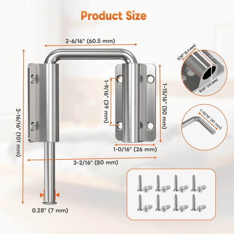 Upgraded Sliding Door Loop Lock with 90 and 180 Degree Adjustable Aluminum Alloy Gate Latch for barn doors; product dimensions shown