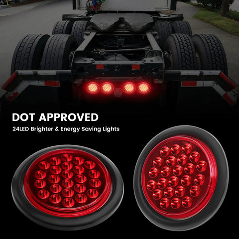 Rear view of truck with 4-Inch Round LED Trailer Lights Pack of 4, 24-LED High-Output Red Tail Lights lit, waterproof flush mount