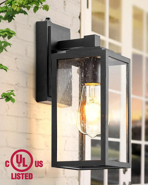Two Pack Dusk-To-Dawn Sensor Outdoor Wall Light Fixtures, Black Exterior Sconce With Anti-Rust Aluminum Frame And Tempered Seeded Glass