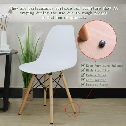 Chair with adjustable leveling feet M6 thread 16mm height, shown on wooden floor, highlight on floor protectors.
