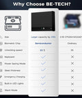 Comparison chart of BE-TECH biometric gun safe with quick grab access and features like steel thickness and emergency charging.