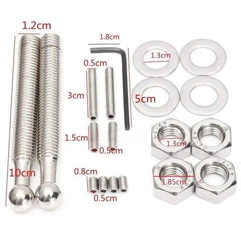 Assorted hardware from the 2 Pack Quick Release Hood Pin Kit Universal Fit 2.44 Inch Diameter Aluminum Alloy And Stainless Steel Latch Push Button Lock Clips For Auto Cars Black Pro.