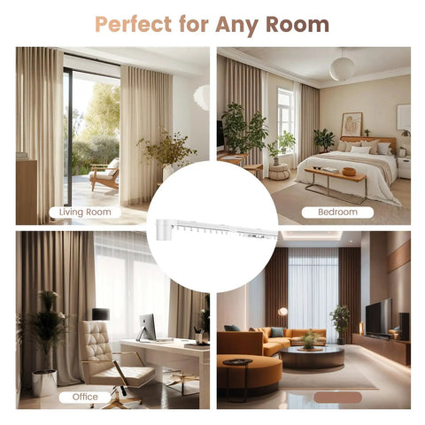 Ultra Quiet 98.4 Inch Motorized Curtain Track With App Control And Remote, smart track shown in living room, bedroom, office, and lounge