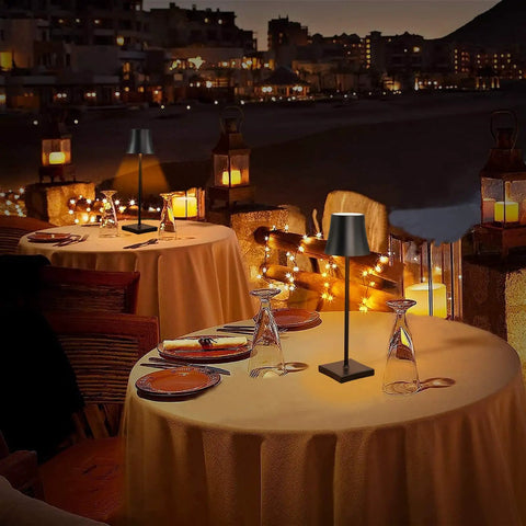 Rechargeable Cordless LED Table Lamp With 5200mAh Battery, All Aluminum Body, IP54 Waterproof, Warm Light on outdoor dining table at night