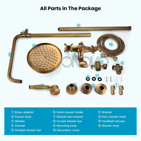 Complete set of Antique Brass 8 Inch Round Rain Shower Head Kit With Tub Spout And Wall Mount Three Function Metal Handheld Sprayer