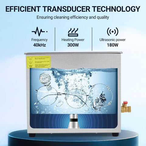 Six Point Five Liter Digital Ultrasonic Cleaner With Timer And Heater 40kHz 180W showing jewelry and glasses being cleaned