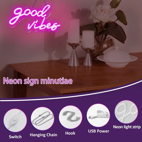 Good Vibes Pink Neon Sign With Dimmable USB Power ultra bright LED wall light for bedroom setup detail