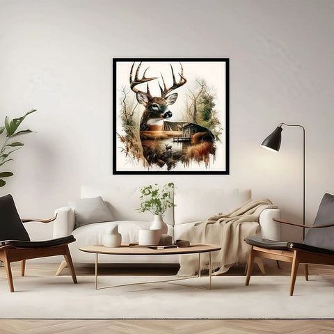 5D Diamond Painting Kit For Grownups Deer Design in modern living room, wall decor 13.8x13.8 inches, vibrant gem art.