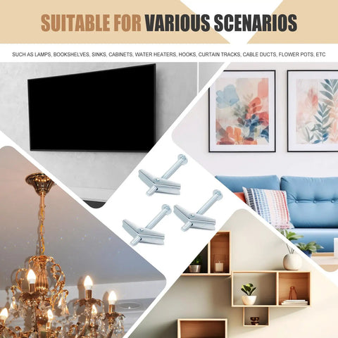 200 Piece Toggle Bolt Kit With Wing Nuts For Drywall One Quarter Inch By Three Inch Heavy Duty Wall Anchors Includes Toggle Bolts And Butterfly Nuts For Home Projects And Small Renovations, shown with TV, shelves, lamp, and decor uses
