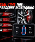 Real-time tire pressure monitoring display showing pressure and temperature for Hyundai Kia TPMS sensor kit.