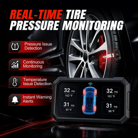 Real-time tire pressure monitoring display showing pressure and temperature for Hyundai Kia TPMS sensor kit.