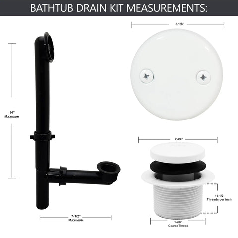 Rock Solid 14 Inch Black Tubular Bathtub Waste And Overflow Assembly shown with dimensions and components for plumbing installation.