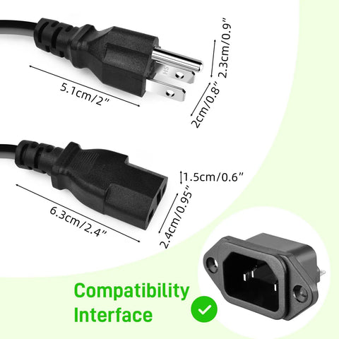 Tattoo Transfer Machine Power Cord With US Plug, Pro Grade Black Cable For All Tattoo Machines, Flexible, Durable Wiring, Safe, Reliable Studio Gear For Real-World Sessions. US plug and power connector with dimensions