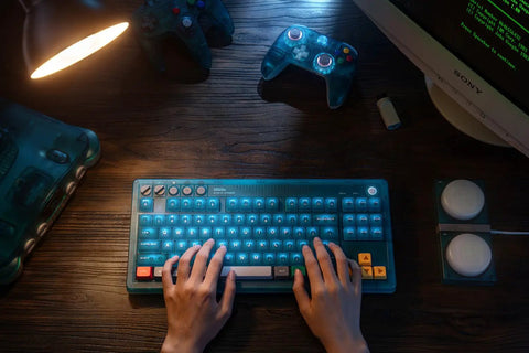 Retro 87 Key Wireless Mechanical Keyboard Hot Swap Silky Linear Switches Top Tier Setup Bright Rgb Lighting in use.