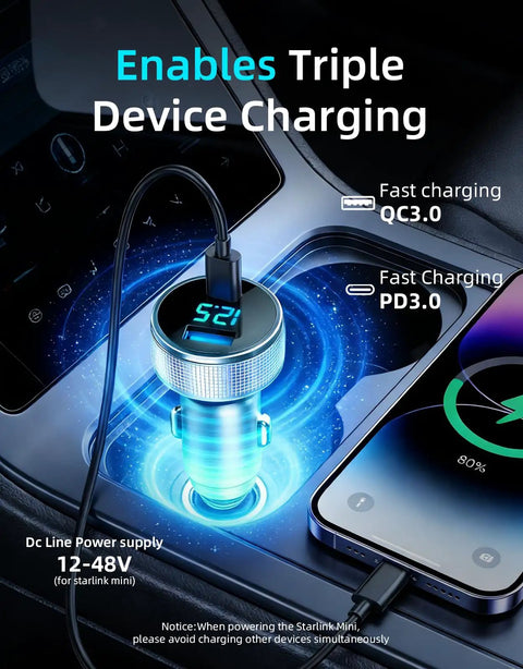 Solid Starlink Mini Car Adapter With A Tough Ten Foot Power Cable And Fast Charge Usb Ports Built For 12V To 24V Rigs And Trailers showing power display and device charging
