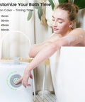 Luxurious Towel Warmer For Home Spa Vibes With Fast One Minute Heat Four Timer Settings One Hour Auto Off next to woman in bath