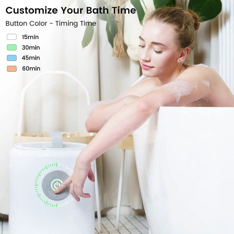 Luxurious Towel Warmer For Home Spa Vibes With Fast One Minute Heat Four Timer Settings One Hour Auto Off next to woman in bath