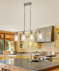 Four Light Chrome Kitchen Island Pendant Light Fixture with Clear Glass Shades in modern kitchen setup