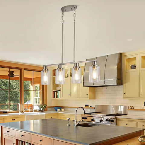 Four Light Chrome Kitchen Island Pendant Light Fixture with Clear Glass Shades in modern kitchen setup
