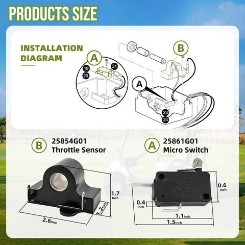 Installation diagram of Essential Golf Cart Throttle Repair Kit Made For TXT Drivers Starting In 1994 equipped with 25854G01 sensor and 25861G01 switch.
