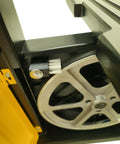 Pro Grade 9 Inch Benchtop Band Saw With 3.5 Amp Motor components, showing the drive belt and brushes for maintenance.
